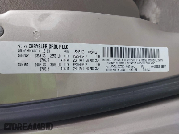 2014 Chrysler Town & Country Touring with VIN 2C4RC1BG2ER212233, listed as a IAAI auction lot 41836648 with 105,034 mi miles. Bid and sale history available at carsss.com. Image 9.