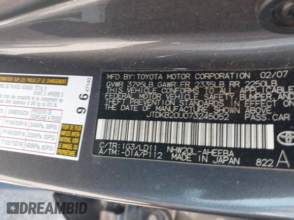 2007 Toyota Prius z VIN JTDKB20U073245052, wystawiony jako IAAI lot #42368508 z przebiegiem 116 953 mil mil oraz . Historia ofert i sprzedaży dostępna na DreamBid. Obrazek 9.