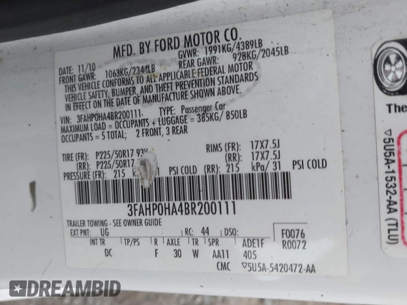 2011 Ford Fusion SE with VIN 3FAHP0HA4BR200111, listed as a IAAI auction lot 41843044 with 163,784 mi miles. Bid and sale history available at carsss.com. Image 9.