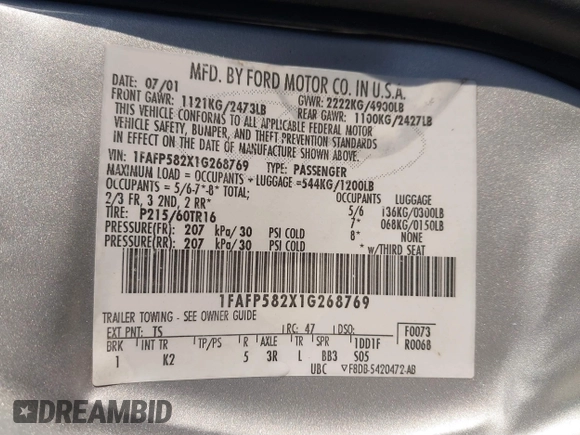 2001 Ford Taurus SE Standard z VIN 1FAFP582X1G268769, wystawiony jako IAAI lot #41837093 z przebiegiem 42 261 mil mil oraz . Historia ofert i sprzedaży dostępna na DreamBid. Obrazek 9.