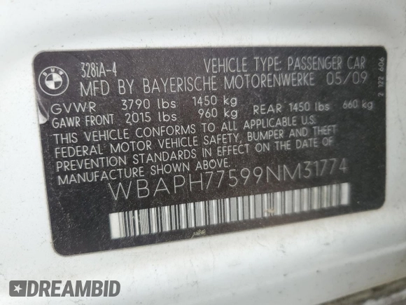 2009 BMW 3 Series 328i with VIN WBAPH77599NM31774, listed as a Copart auction lot 52669315 with 241,355 mi miles and Salvage title. Bid and sale history available at DreamBid. Image 12.