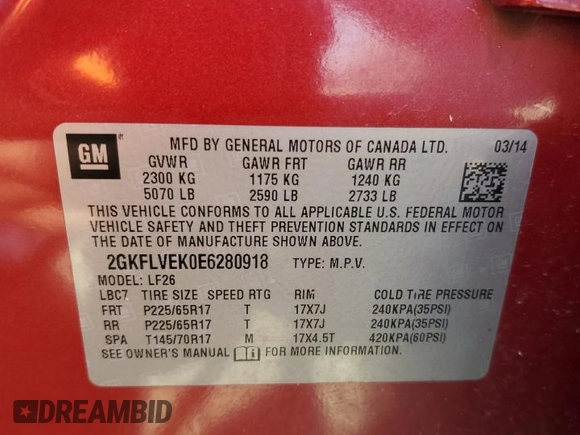2014 GMC Terrain SLE with VIN 2GKFLVEK0E6280918, listed as a Copart auction lot 54554785 with 114,921 mi miles and Clean Title. Bid and sale history available at carsss.com. Image 13.