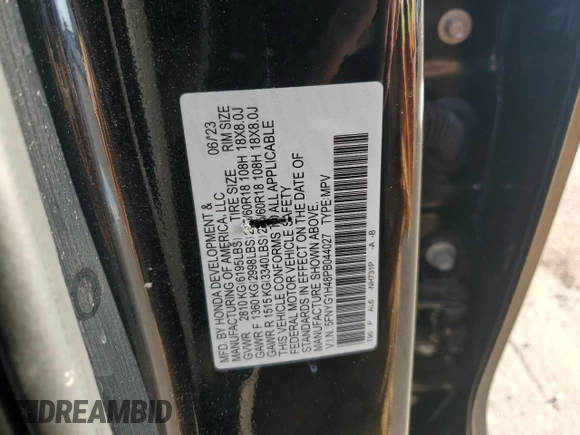 2023 Honda Pilot EX-L with VIN 5FNYG1H48PB044027, listed as a Copart auction lot 85114474 with 12,986 mi miles and Salvage title. Bid and sale history available at DreamBid. Image 13.