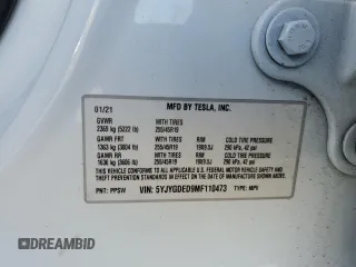 2021 Tesla Model Y Standard Range z VIN 5YJYGDED9MF110473, wystawiony jako Copart lot #53850085 z przebiegiem 46 242 mil mil oraz Szkoda całkowita • Salvage title. Historia ofert i sprzedaży dostępna na DreamBid. Obrazek 12.