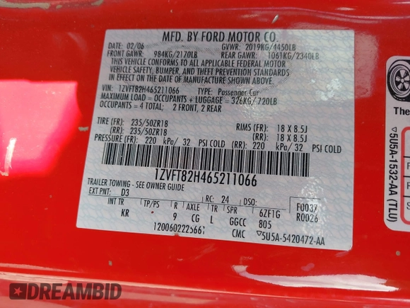 2006 Ford Mustang GT Deluxe with VIN 1ZVFT82H465211066, listed as a IAAI auction lot 41572368 with 84,389 mi miles. Bid and sale history available at carsss.com. Image 9.