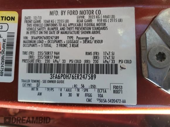 2014 Ford Fusion SE with VIN 3FA6P0H76ER247589, listed as a Copart auction lot 51972055 with 215,137 mi miles and Salvage Title. Bid and sale history available at DreamBid. Image 12.