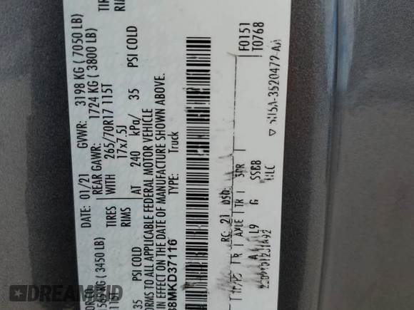 2021 Ford F-150 XL z VIN 1FTFX1E88MKD37116, wystawiony jako Copart lot #74343734 z przebiegiem 167 109 mil mil oraz Szkoda całkowita • Salvage title. Historia ofert i sprzedaży dostępna na DreamBid. Obrazek 14.