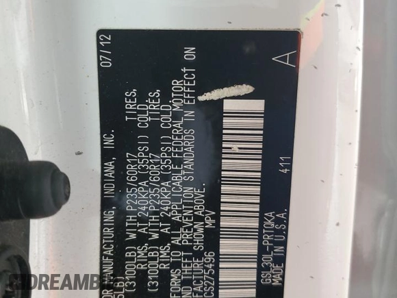 2012 Toyota Sienna XLE AAS with VIN 5TDYK3DC7CS275496, listed as a Copart auction lot 62612815 with 130,027 mi miles and Salvage title. Bid and sale history available at DreamBid. Image 13.