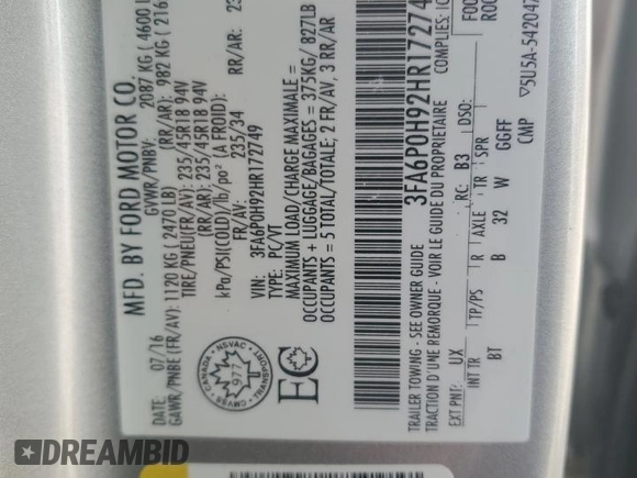 2017 Ford Fusion SE with VIN 3FA6P0H92HR172749, listed as a Copart auction lot 55575595 with 132,767 mi miles and Salvage Title. Bid and sale history available at DreamBid. Image 12.