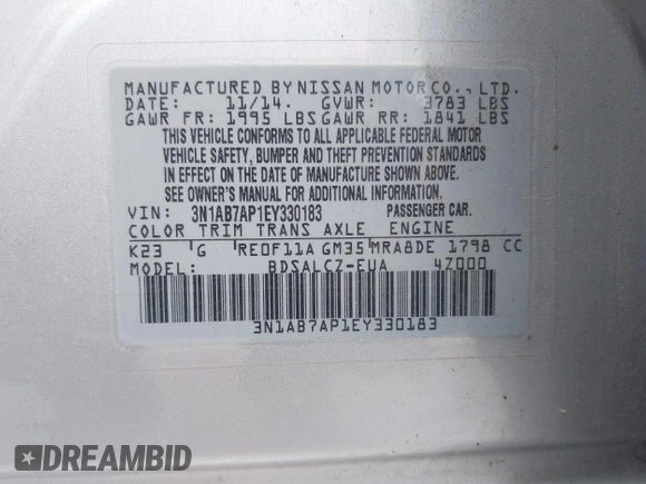 2014 Nissan Sentra SV with VIN 3N1AB7AP1EY330183, listed as a IAAI auction lot 42669962 with 149,861 mi miles and . Bid and sale history available at DreamBid. Image 9.