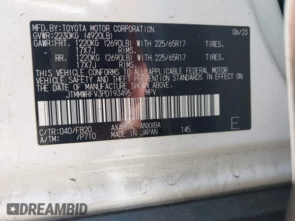 2023 Toyota RAV4 Hybrid LE with VIN JTMMWRFV3PD193495, listed as a IAAI auction lot 42475531 with 51,982 mi miles and . Bid and sale history available at DreamBid. Image 9.