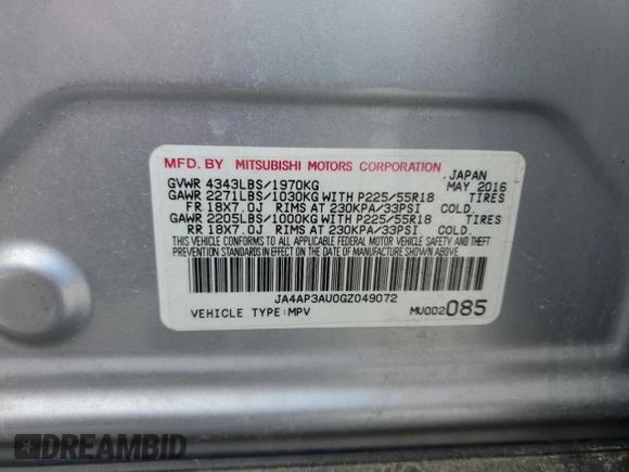 2016 Mitsubishi Outlander ES z VIN JA4AP3AU0GZ049072, wystawiony jako Copart lot #50887785 z przebiegiem 196 419 mil mil oraz Szkoda całkowita • Salvage title. Historia ofert i sprzedaży dostępna na DreamBid. Obrazek 14.