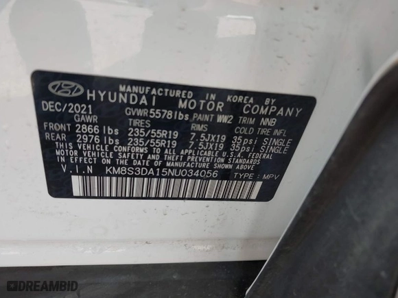 2022 Hyundai Santa Fe Hybrid SEL Premium with VIN KM8S3DA15NU034056, listed as a IAAI auction lot 41520781 with 67,816 mi miles. Bid and sale history available at carsss.com. Image 9.