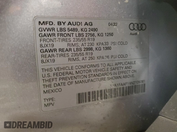2022 Audi Q5 S line Prestige with VIN WA1FAAFY4N2109061, listed as a Copart auction lot 88315175 with 0 mi miles and Non Repairable. Bid and sale history available at carsss.com. Image 14.