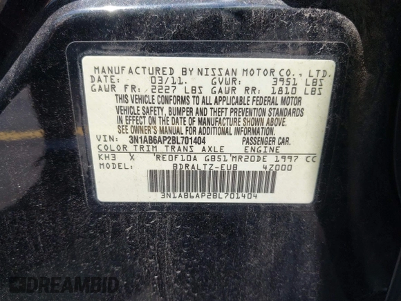 2011 Nissan Sentra SL with VIN 3N1AB6AP2BL701404, listed as a IAAI auction lot 42594558 with 146,358 mi miles and . Bid and sale history available at DreamBid. Image 9.