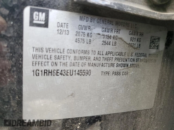 2014 Chevrolet Volt with VIN 1G1RH6E43EU145590, listed as a Copart auction lot 54109965 with 214,560 mi miles and Salvage Title. Bid and sale history available at carsss.com. Image 12.