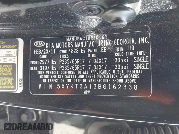 2011 Kia Sorento LX with VIN 5XYKT3A13BG162338, listed as a IAAI auction lot 42180644 with 118,482 mi miles and . Bid and sale history available at carsss.com. Image 9.