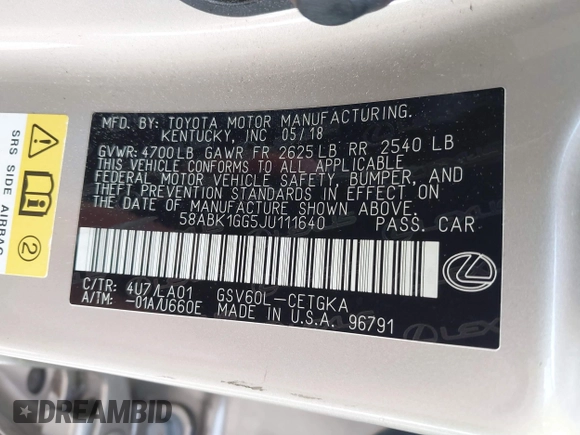 2018 Lexus ES 350 with VIN 58ABK1GG5JU111640, listed as a IAAI auction lot 42332152 with 83,757 mi miles and . Bid and sale history available at DreamBid. Image 9.
