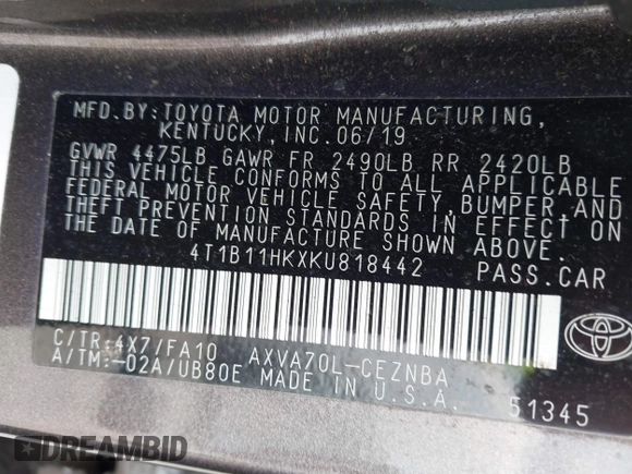 2019 Toyota Camry LE with VIN 4T1B11HKXKU818442, listed as a IAAI auction lot 41906128 with 30,728 mi miles and . Bid and sale history available at DreamBid. Image 9.