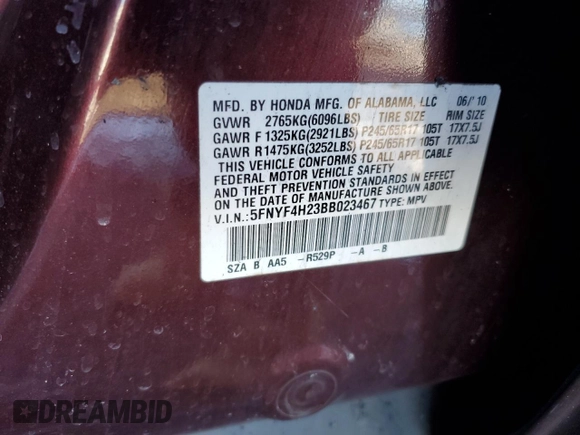 2011 Honda Pilot LX with VIN 5FNYF4H23BB023467, listed as a Copart auction lot 89075975 with 0 mi miles and Non Repairable. Bid and sale history available at carsss.com. Image 12.