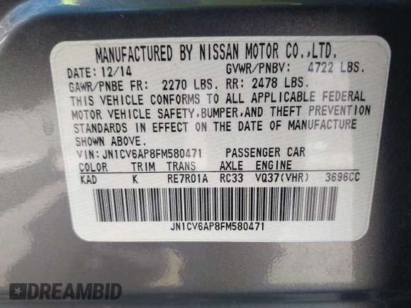 2015 Infiniti Q40 with VIN JN1CV6AP8FM580471, listed as a IAAI auction lot 42055612 with 64,494 mi miles. Bid and sale history available at carsss.com. Image 9.
