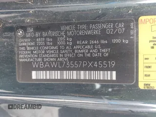 2007 BMW 3 Series 335i with VIN WBAWL73557PX45519, listed as a IAAI auction lot 42162333 with 89,821 mi miles and . Bid and sale history available at DreamBid. Image 9.