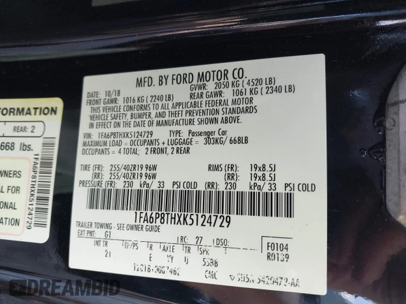 2019 Ford Mustang EcoBoost with VIN 1FA6P8THXK5124729, listed as a IAAI auction lot 42384176 with 134,028 mi miles and . Bid and sale history available at DreamBid. Image 9.