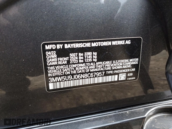 2022 BMW 3 Series M340i xDrive with VIN 3MW5U9J06N8C67957, listed as a Copart auction lot 49737485 with 10,563 mi miles and Salvage Title. Bid and sale history available at carsss.com. Image 12.