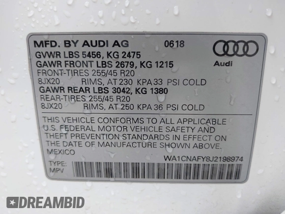 2018 Audi Q5 Prestige with VIN WA1CNAFY8J2198974, listed as a IAAI auction lot 42101083 with 41,687 mi miles and . Bid and sale history available at DreamBid. Image 9.