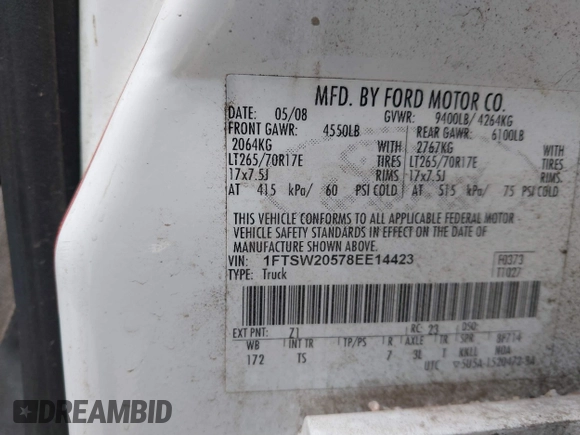 2008 Ford F-250 XL with VIN 1FTSW20578EE14423, listed as a IAAI auction lot 41233328 with 214,456 mi miles and . Bid and sale history available at DreamBid. Image 9.