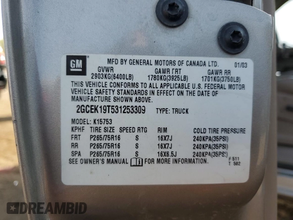 2003 Chevrolet Silverado 1500 LT with VIN 2GCEK19T531253309, listed as a Copart auction lot 53679705 with 197,055 mi miles and Salvage Title. Bid and sale history available at DreamBid. Image 12.