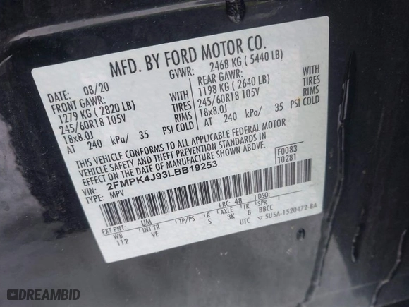 2020 Ford Edge SEL with VIN 2FMPK4J93LBB19253, listed as a IAAI auction lot 41640312 with 70,619 mi miles. Bid and sale history available at carsss.com. Image 9.