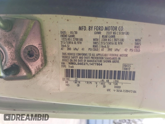 2020 Ford Transit Connect XL z VIN NM0LS6E27L1477864, wystawiony jako IAAI lot #42048764 z przebiegiem Nie podano mil oraz . Historia ofert i sprzedaży dostępna na DreamBid. Obrazek 9.