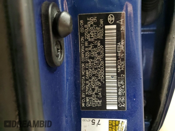 2008 Toyota Prius with VIN JTDKB20U387762629, listed as a Copart auction lot 51218875 with 173,553 mi miles and Salvage Title. Bid and sale history available at DreamBid. Image 13.