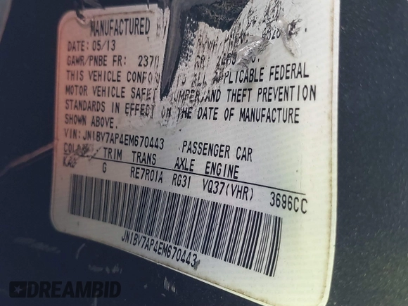 2014 Infiniti Q50 Sport with VIN JN1BV7AP4EM670443, listed as a IAAI auction lot 41801219 with 98,719 mi miles and . Bid and sale history available at DreamBid. Image 9.