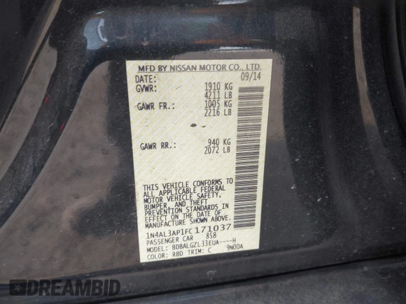 2015 Nissan Altima 2.5 SV with VIN 1N4AL3AP1FC171037, listed as a IAAI auction lot 42127356 with 89,673 mi miles. Bid and sale history available at carsss.com. Image 9.