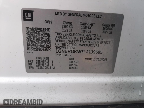 2020 Chevrolet Traverse LT Cloth with VIN 1GNERGKW7LJ139585, listed as a Copart auction lot 55529455 with 62,376 mi miles and Salvage title. Bid and sale history available at DreamBid. Image 13.