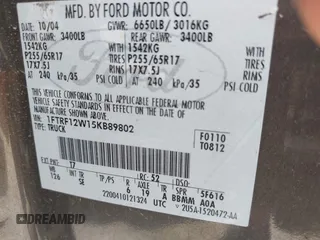 2005 Ford F-150 XL z VIN 1FTRF12W15KB89802, wystawiony jako IAAI lot #42273187 z przebiegiem 227 348 mil mil oraz . Historia ofert i sprzedaży dostępna na DreamBid. Obrazek 9.