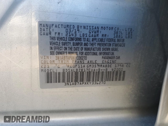 2019 Nissan Sentra S with VIN 3N1AB7APXKY336270, listed as a Copart auction lot 83549184 with 211,022 mi miles and Salvage Title. Bid and sale history available at carsss.com. Image 12.