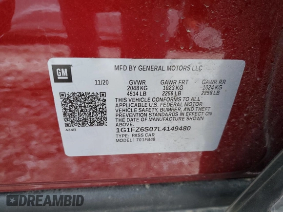2020 Chevrolet Bolt EV Premier with VIN 1G1FZ6S07L4149480, listed as a Copart auction lot 45552255 with 9,049 mi miles and Salvage title. Bid and sale history available at DreamBid. Image 12.