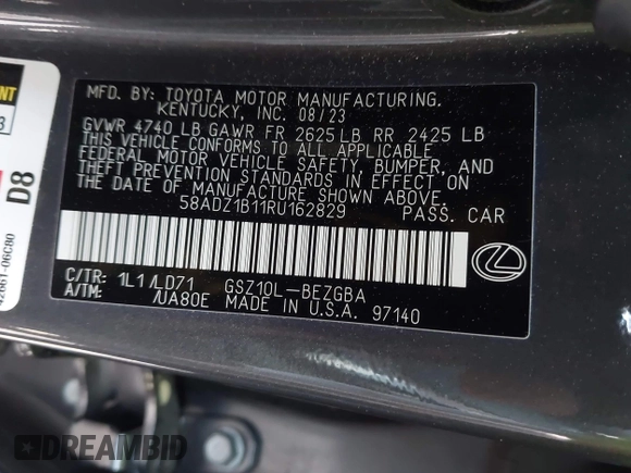 2024 Lexus ES with VIN 58ADZ1B11RU162829, listed as a IAAI auction lot 41930163 with 27,631 mi miles. Bid and sale history available at carsss.com. Image 9.