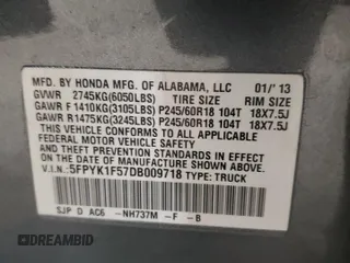 2013 Honda Ridgeline RTL with VIN 5FPYK1F57DB009718, listed as a Copart auction lot 55763435 with Not provided miles and Salvage title. Bid and sale history available at DreamBid. Image 13.