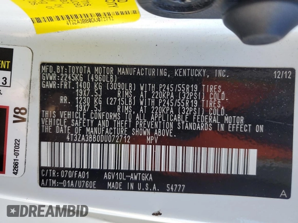 2013 Toyota Venza LE with VIN 4T3ZA3BB0DU072712, listed as a Copart auction lot 47174195 with 173,141 mi miles and Salvage Title. Bid and sale history available at carsss.com. Image 15.