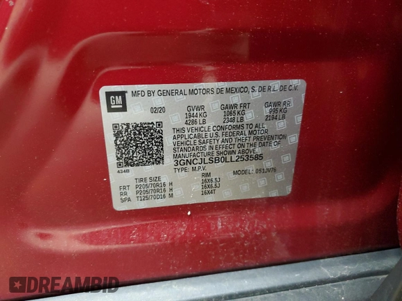 2020 Chevrolet Trax LT with VIN 3GNCJLSB0LL253585, listed as a Copart auction lot 59113145 with 26,356 mi miles and Salvage title. Bid and sale history available at DreamBid. Image 13.