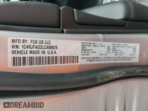 2020 Jeep Grand Cherokee Altitude z VIN 1C4RJFAG2LC408828, wystawiony jako Copart lot #56826115 z przebiegiem 89 641 mil mil oraz Szkoda całkowita • Salvage title. Historia ofert i sprzedaży dostępna na DreamBid. Obrazek 13.