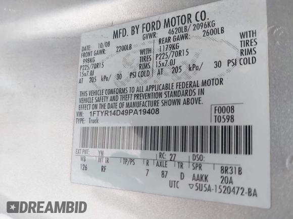 2009 Ford Ranger XL with VIN 1FTYR14D49PA19408, listed as a IAAI auction lot 41665999 with 34,366 mi miles and . Bid and sale history available at DreamBid. Image 9.