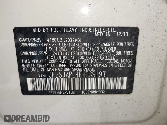 2014 Subaru Forester Touring with VIN JF2SJAPC4EH539193, listed as a IAAI auction lot 42444513 with 159,639 mi miles and . Bid and sale history available at DreamBid. Image 9.