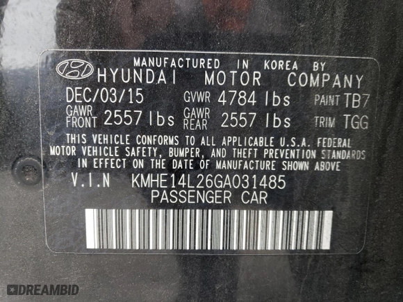 2016 Hyundai Sonata Plug-In Hybrid with VIN KMHE14L26GA031485, listed as a Copart auction lot 51050224 with 91,551 mi miles. Bid and sale history available at carsss.com. Image 12.
