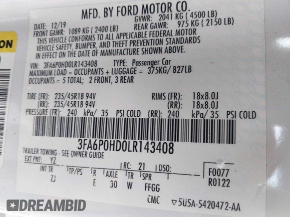 2020 Ford Fusion SE with VIN 3FA6P0HD0LR143408, listed as a IAAI auction lot 41854955 with 53,331 mi miles. Bid and sale history available at carsss.com. Image 9.