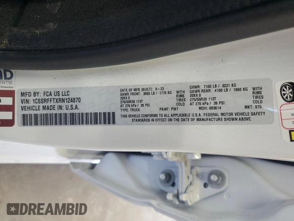 2024 Ram 1500 Lone Star with VIN 1C6SRFFTXRN124870, listed as a Copart auction lot 83383294 with 1,065 mi miles and Clean title. Bid and sale history available at DreamBid. Image 13.